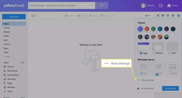 Selecting More Settings under Yahoo! Mail inbox