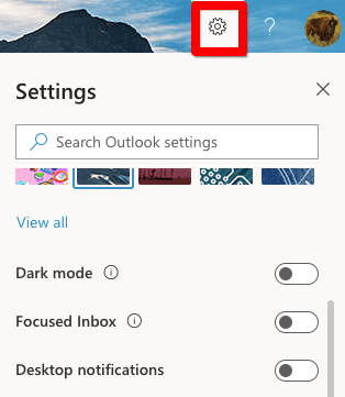 Select Settings in the Outlook toolbar