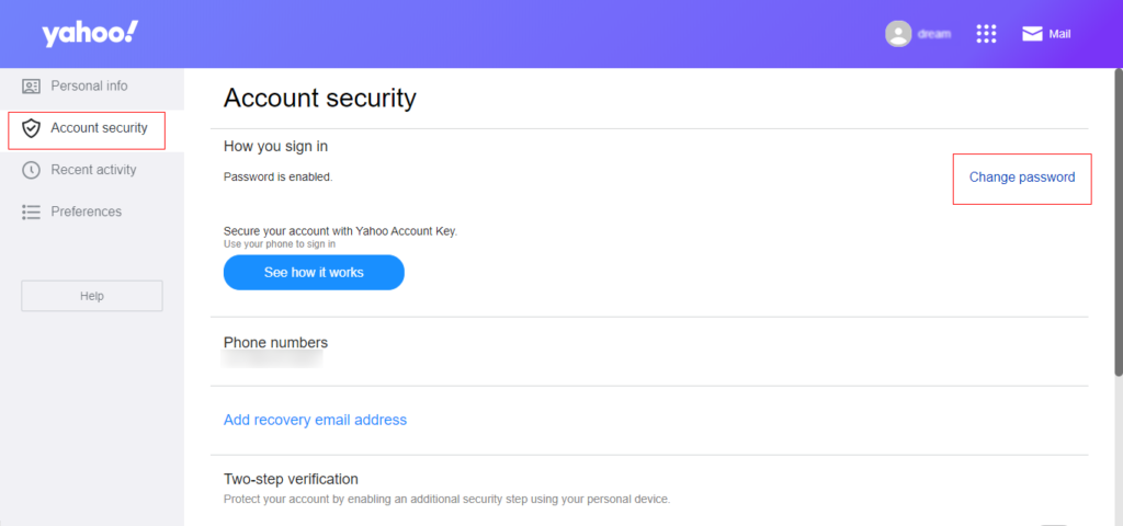 Open the Account security panel  